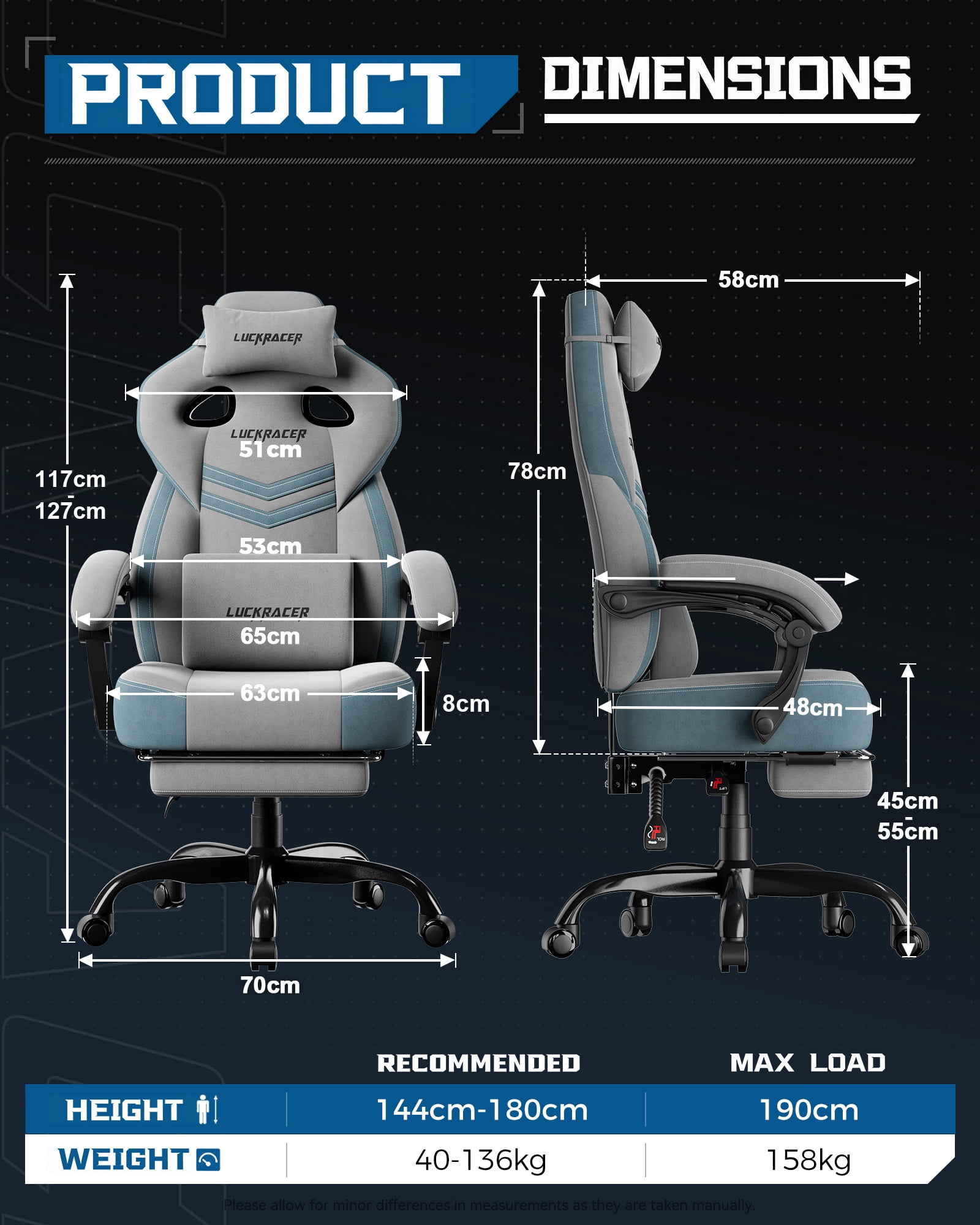 LUCKRACING Fabric PC Gaming Chair with Footrest and Lumbar Support, Gray