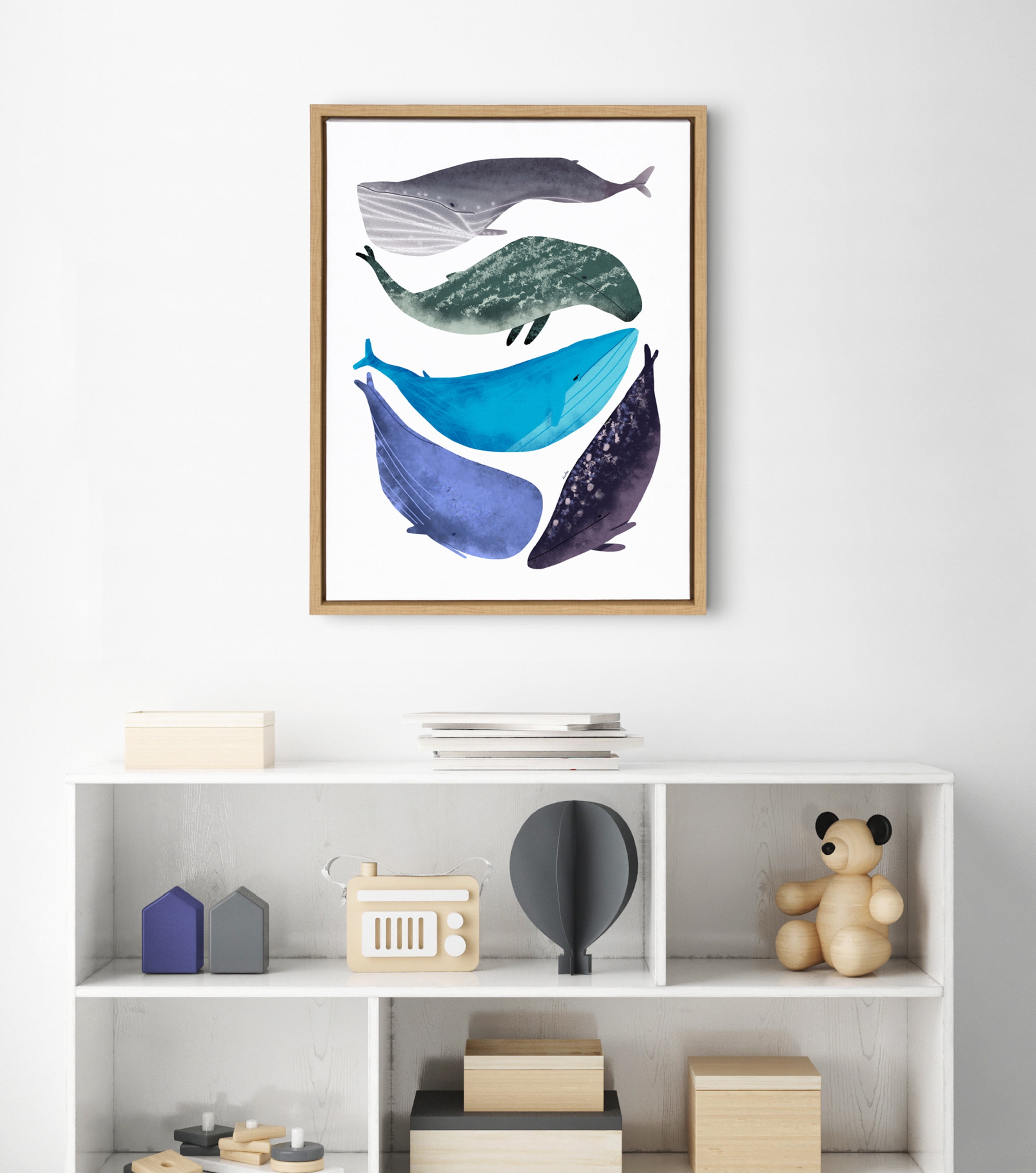 Kate and Laurel Sylvie Watercolor Whales Art Framed Canvas Wall Art by Lida Larina, 18x24 Natural Ocean Beach