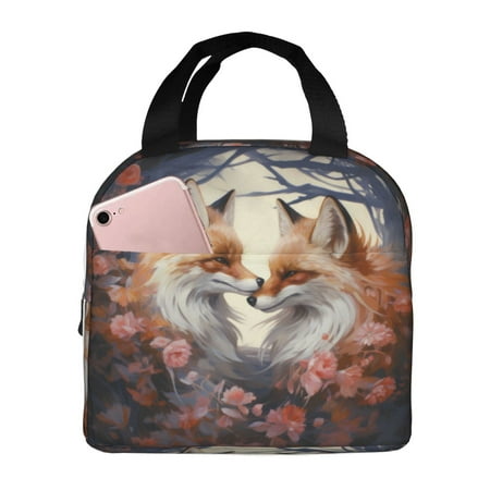 Insulated Lunch Bag for Women Men - Romantic Pink Flower Fox Leakproof Cooler Lunch Box for Women Men  Lunch Tote Bags for Work School Picnic Travel