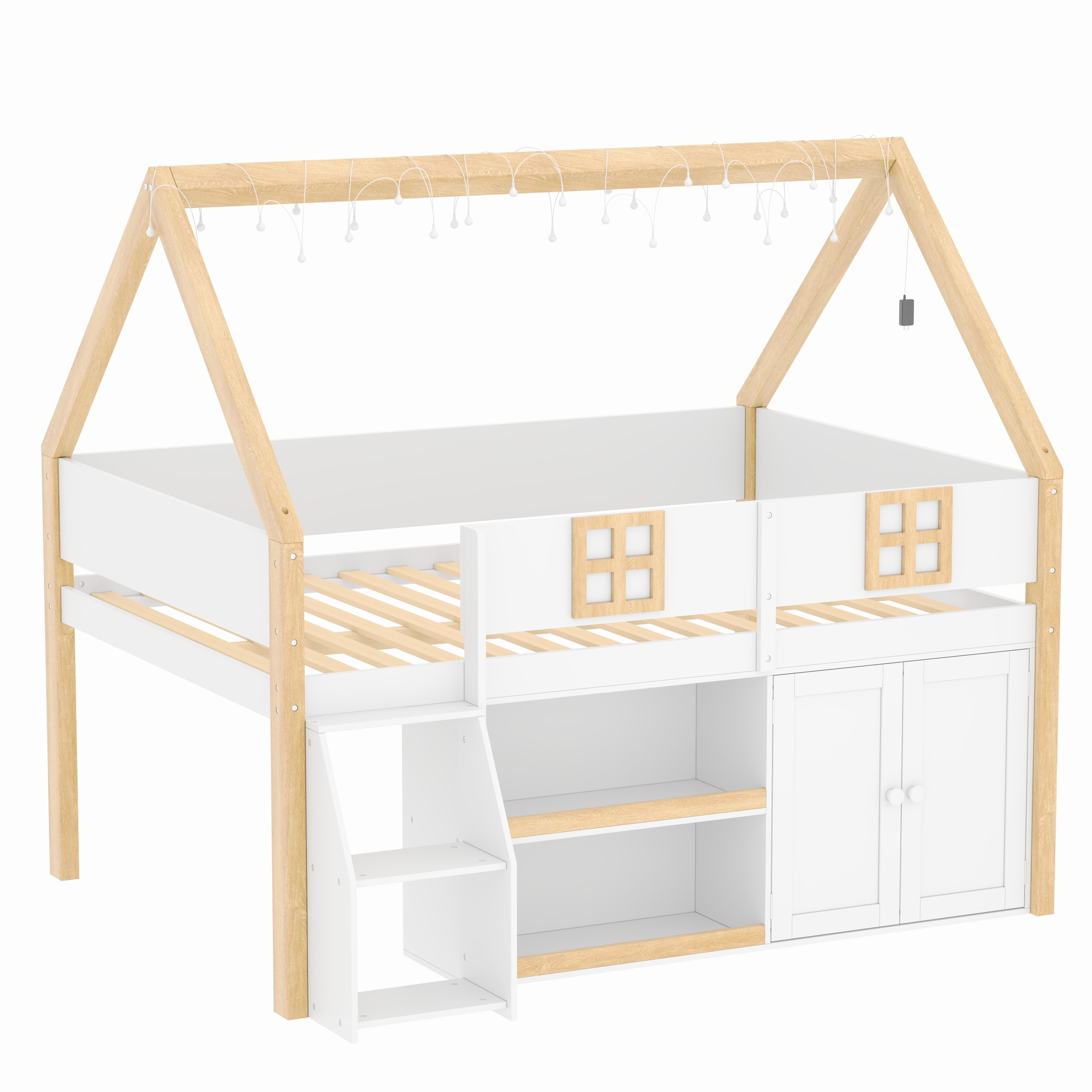Euroco Twin Size Loft Bed with Shelf and Wardrobe, House Bed with LED Light and Cabinets, White