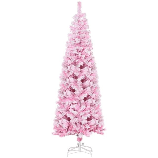 HOMCOM Snow Flocked Pencil Artificial Christmas Tree with Steel Base Pink