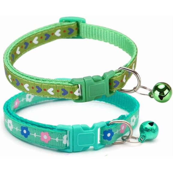 Purple Dog Collar with Bell, 2-Pack Heart & Floral Cat Collar with Bells, Female Tiny Dog Collar for XXS Xs Small Pet Little Girl Dogs