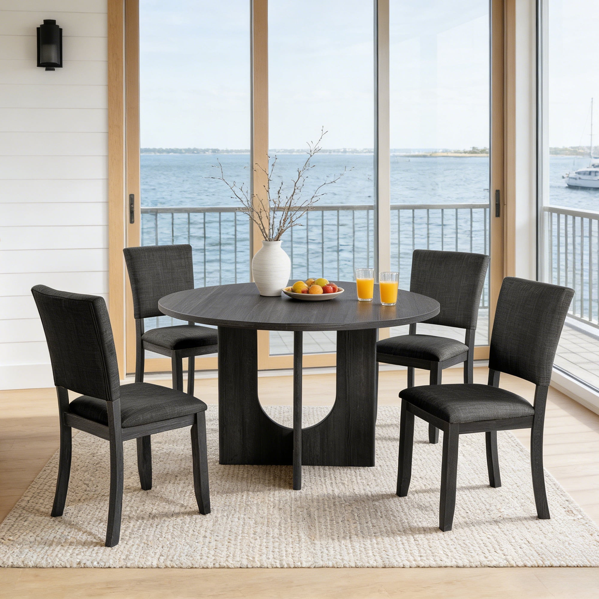 Leovanni Modern 47" 5-Piece Solid Wood Round Dining Table Set with 4 Upholstered Chairs, Pedestal Base Kitchen & Dining Room Set, Dark Gray