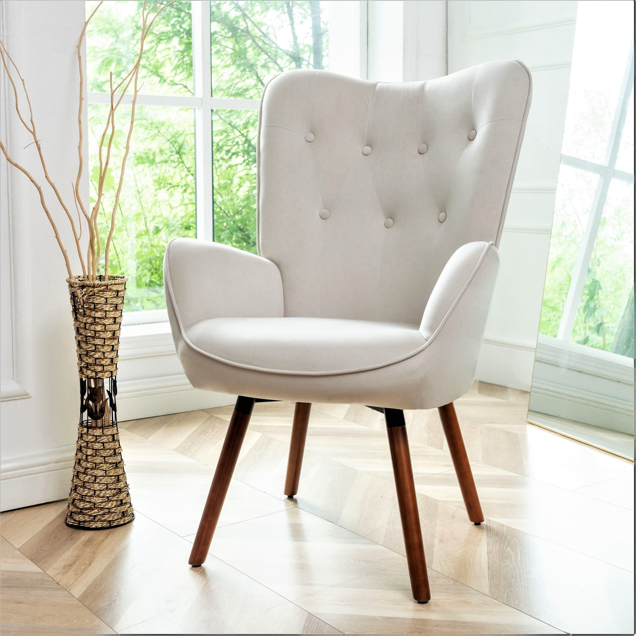 GDF Studio Mid-Century Modern Wingback Accent Chair with Button-Tufted Polyester Upholstery, Ivory