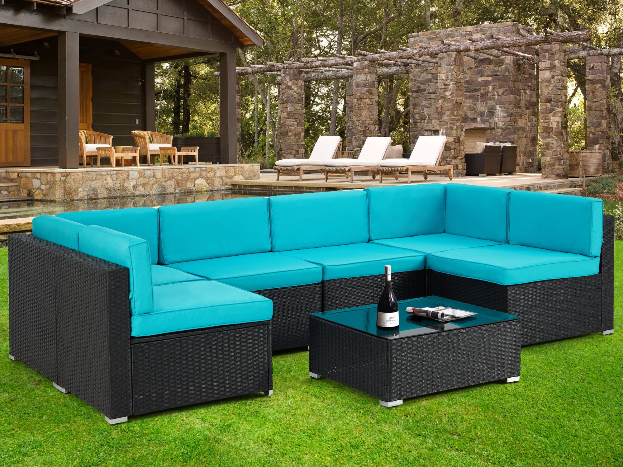 Danrelax 7 Pc Outdoor Patio Sectional Set, Blue and Black Steel with Cushions