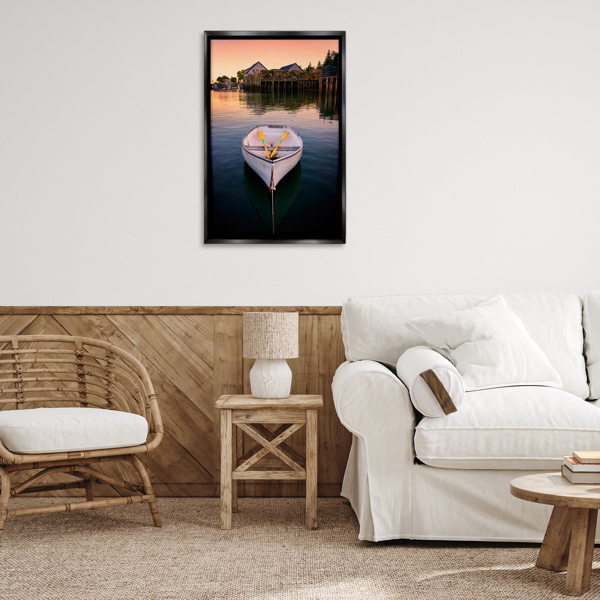 Stupell Industries Docked Rowboat with Oars Transportation Photography Black Floater Framed Canvas Art Print Wall Art, 21 x 31
