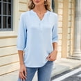 thumbnail image 2 of Tiqkatyck Women Summer Tops, Women's 3/4 Sleeve Solid Color V Neck Button Loose Chiffon T Shirt, Shirts for Women Blue XL, 2 of 4