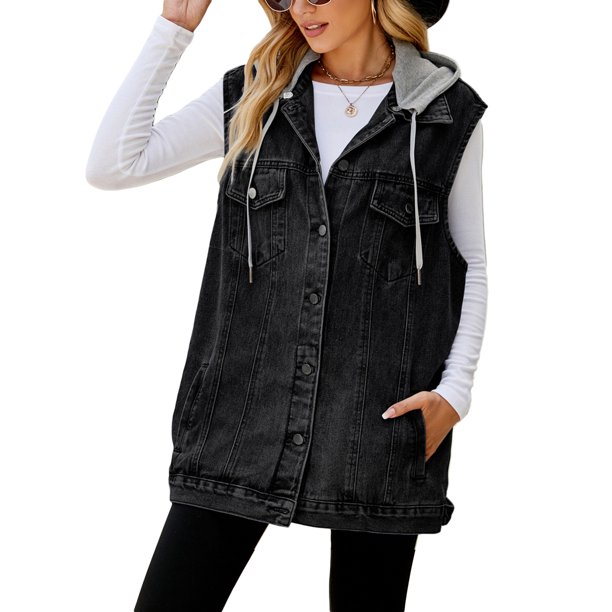 TRKIYQC Chaleco de mezclilla de verano para mujer, sólido sin mangas, cuello vuelto, cierre de botón, cárdigan de mezclilla, chaleco de longitud media TRKIYQC moda