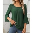 thumbnail image 2 of Defitshape Women's 3/4 Sleeve Blouse Casual Blouse Shirt Chic Crew Neck Chiffon Date Flare Sleeve Illusion Shirt Dark Green Medium, 2 of 5