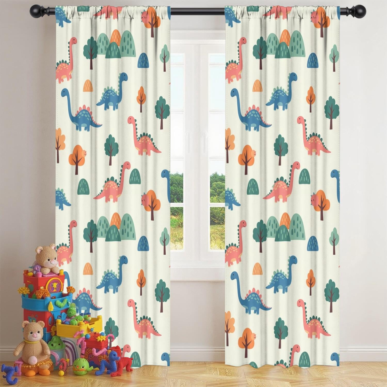 Blackout Kids Curtains,Beige Dinosaurs Landscapes Pattern Childrens Insulated Curtains Set Of 2,Bedroom Essentials,Toddler Room Decor 42"x84"