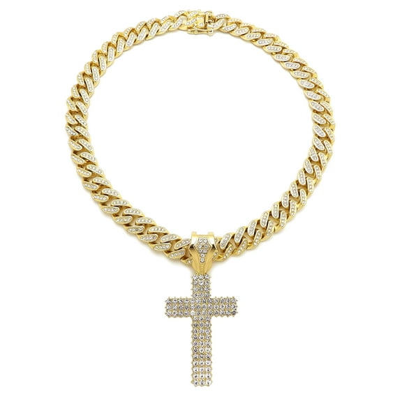 Stone Stud 3 Row Cross Pendant with 12mm 18" Iced Out Miami Cuban Chain Necklace in Gold-Tone