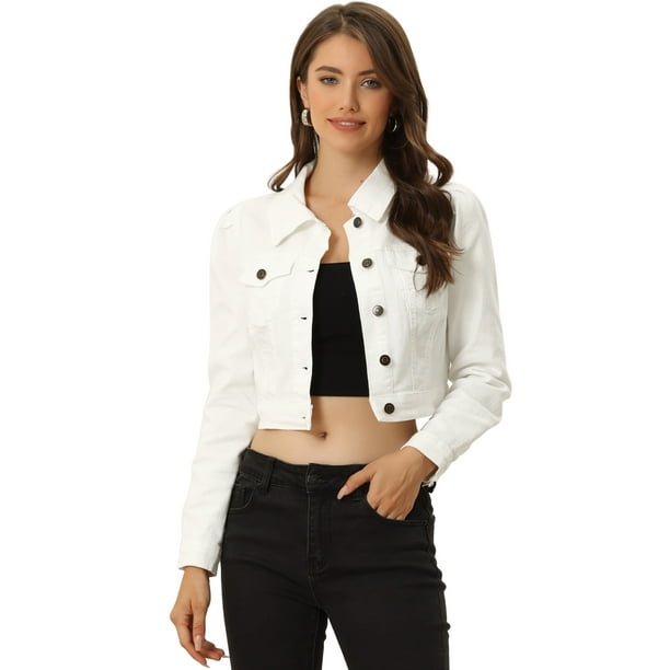 Chaqueta de mezclilla lavada con botones y manga larga de mezclilla corta de algodón para mujer Blanco S