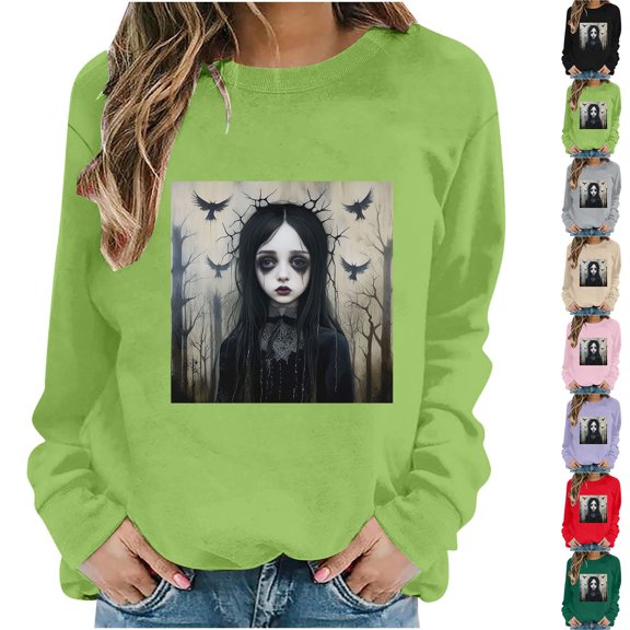 Jsaierl Halloween Sweatshirts for Women Spooky Graphic Pullovers Soft Loose Fit Crewneck Long Sleeve Shirt Tops Halloween Clothes, Sizes S-2XL
