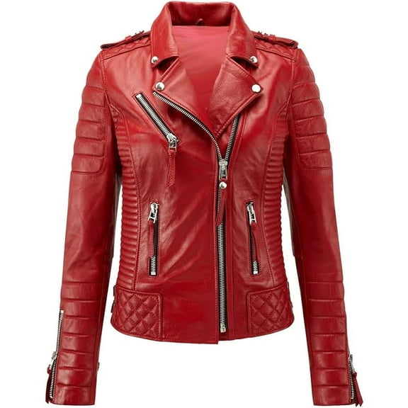 Celebrity Women's Lambskin Red Leather Quilted Jacket Motorcycle Slim Fit Biker W195