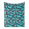 thumbnail image 1 of Nautical Soft Flannel Fleece Throw Blanket, Funny Steamboats and Sailboats Clouds Waves Creative Sea Childish, Cozy Plush for Indoor and Outdoor Use, 60" x 80", Turquoise Vermilion Blue, by Ambesonne, 1 of 5