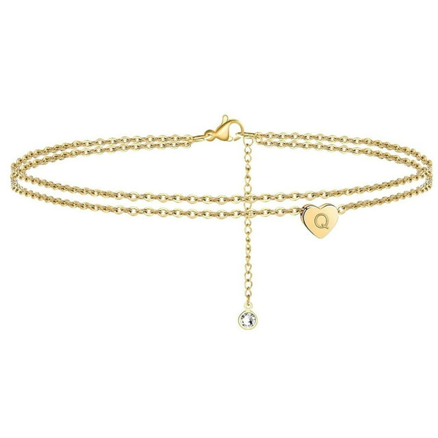 Fiudx Pulseras de Playa con Inicial de Corazón para Mujer (2022), Delicadas Tobilleras En Capas Bañadas En Oro de 14 Quilates, con Inicial de Letra y Corazón, Joyería de Playa.