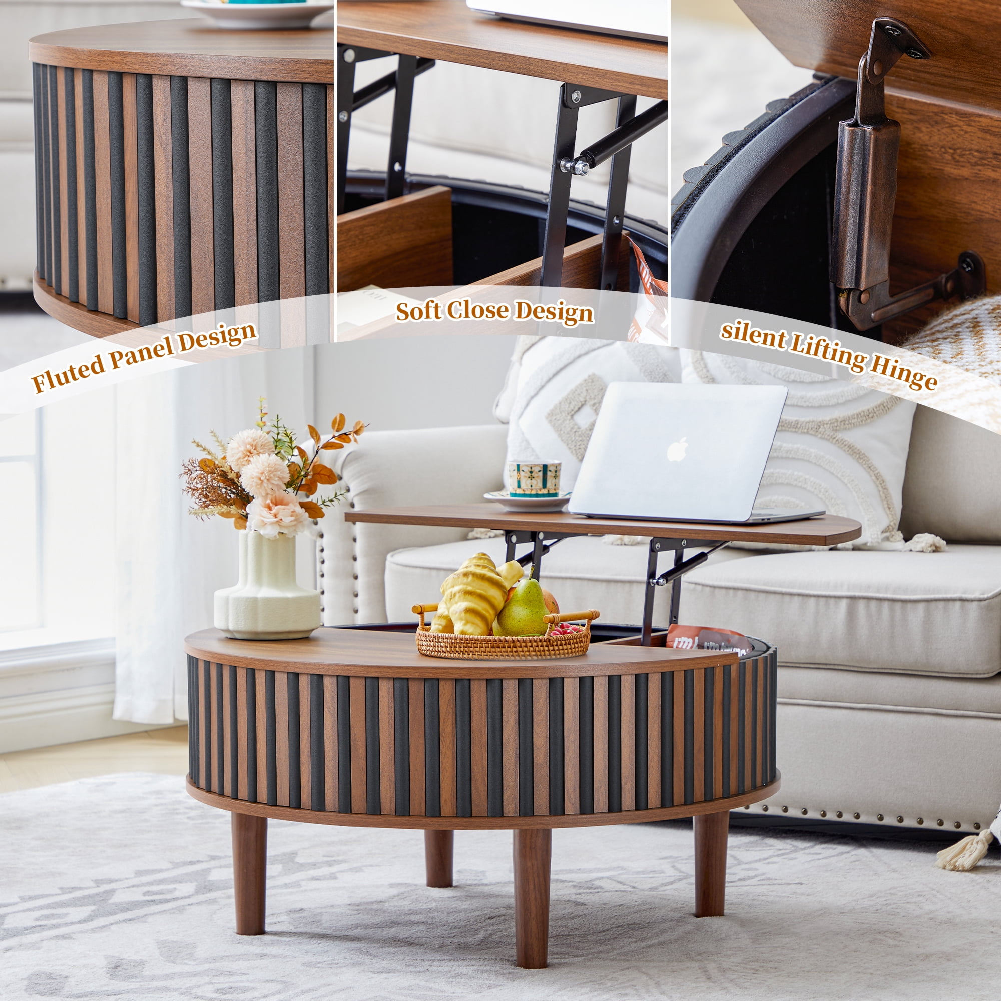 MIYZEAL 31.5" Round Lift Top Coffee Table with Storage, Fluted Mid Century Modern Wooden Center Table with Hidden Compartment, Coffee Table for Living Room, Apartment, Office（Walnut Black）