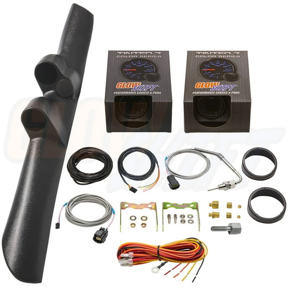 GlowShift | 2nd Gen 1998-2002 Dodge Ram 5.9 Cummins Black Full Size Dual Pillar Pod with Speaker Cutout and Tinted 7 Color Series 60 PSI Boost Gauge & 1500 Pyrometer EGT Gauge