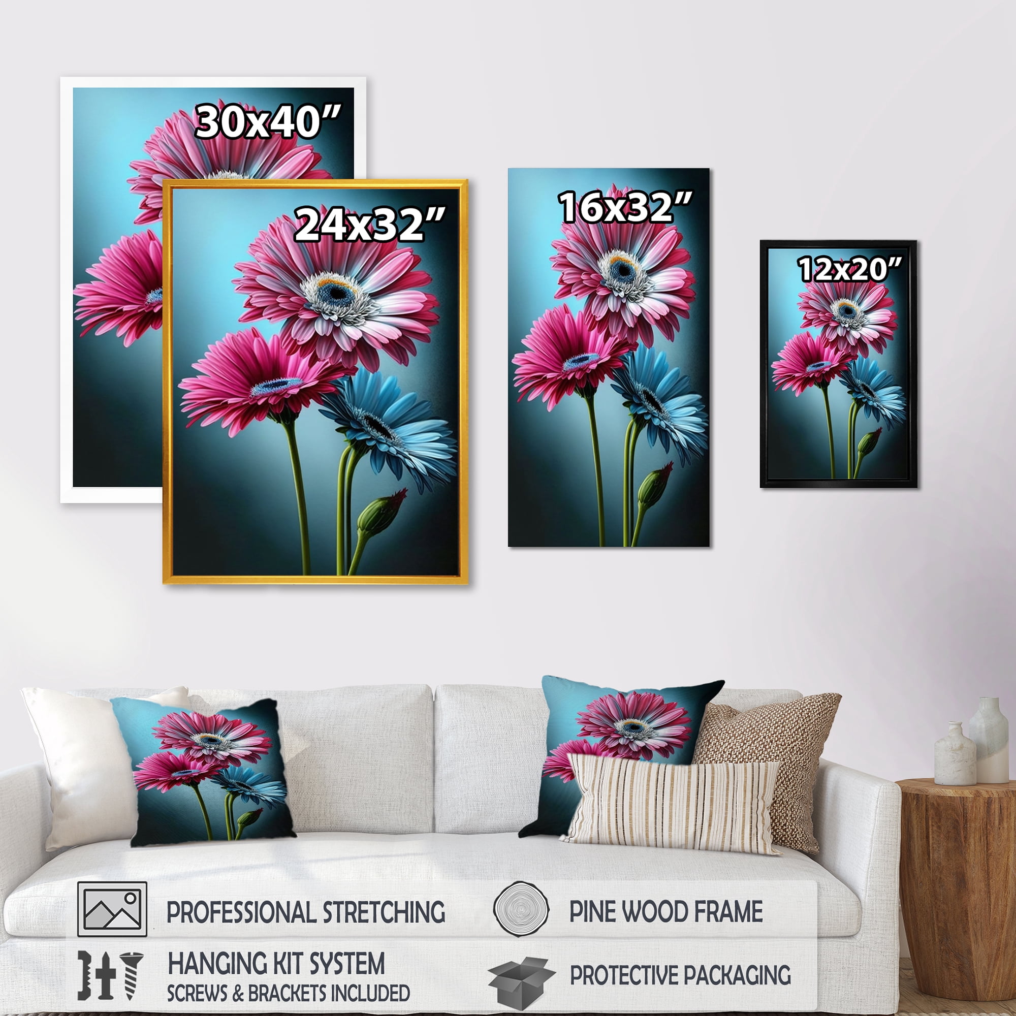 Designart Hyperrealistic Gerbera Pink And Blue Flowers I Canvas Wall Art