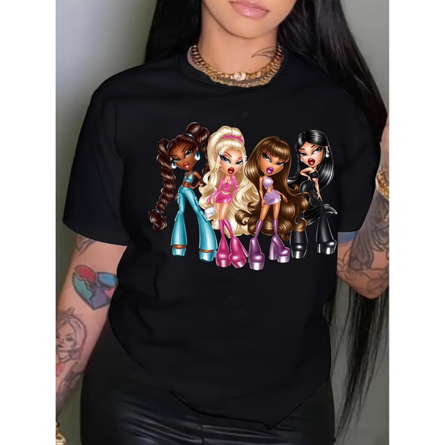 Camiseta con estampado de muñeca, manga corta, cuello redondo, informal, para verano y primavera, para mujer, para deportes de ocio.