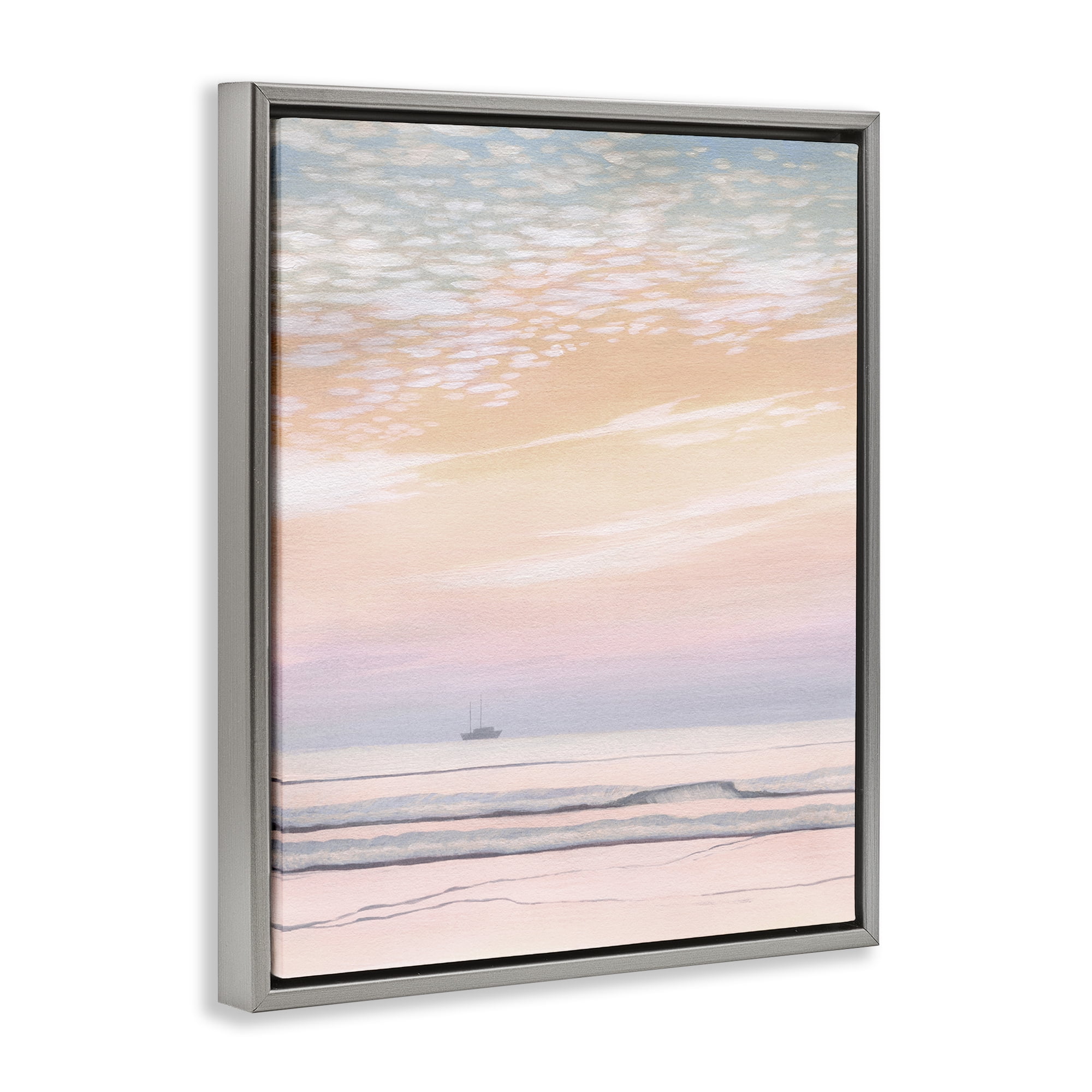 Stupell Industries Orange Sunrise & Boat Nautical & Beach Painting Gray Floater Framed Canvas Art Print Wall Art, 17 x 21