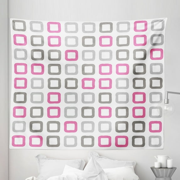 Geometric Tapestry, Square Frames in Vintage Colors Geometric Pale Toned Illustration, Fabric Wall Hanging Decor for Bedroom Living Room Dorm, 5 Sizes, Pink White Grey, by Ambesonne