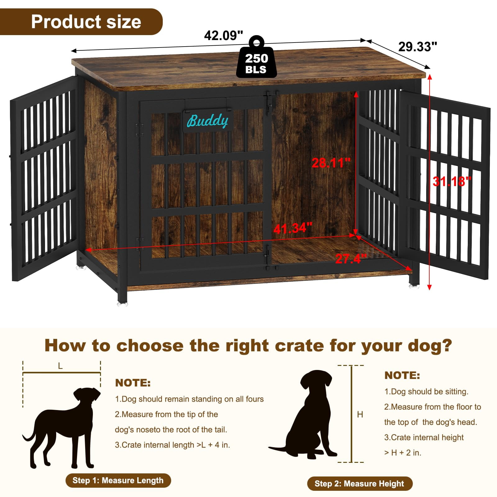 POAO 41"Heavy Duty Dog Crate Furniture with Name Tag,Chew Proof Prevent Escape for High Anxiety Dogs, Indoor Indestructible Dog Kennel ,Brown