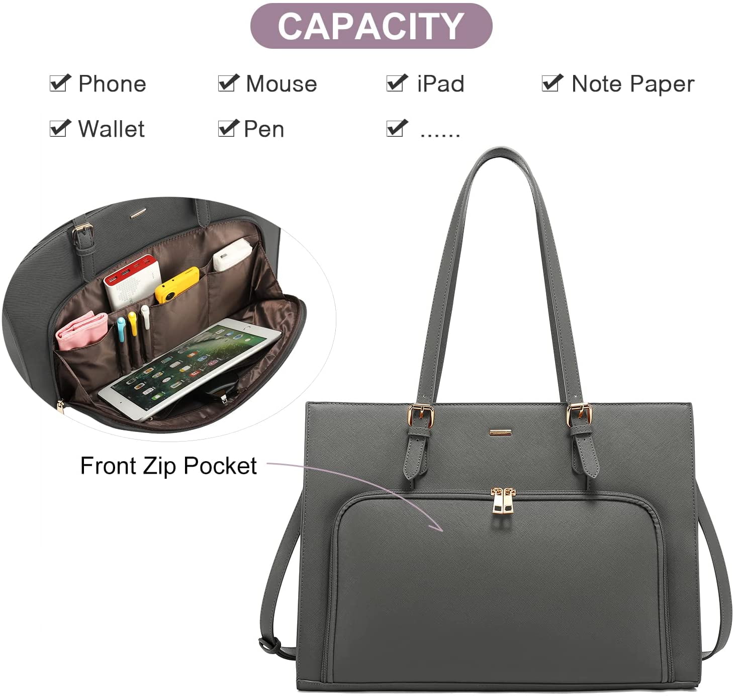 15.6 USB Laptop Tote Bag: Waterproof with 15 Pockets Large Work Bag Teacher  Bag Fits 15.6 inch Laptop for women with Purse