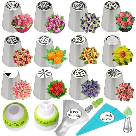 Artisan Russian Piping Tips Set Cake Decorating Supplies Kit Flower Frosting tips Set 12 Icing Nozzles 2 Couplers 2 Leaf Tips 1 Silicone Bag 10 Pastry Baking Bags