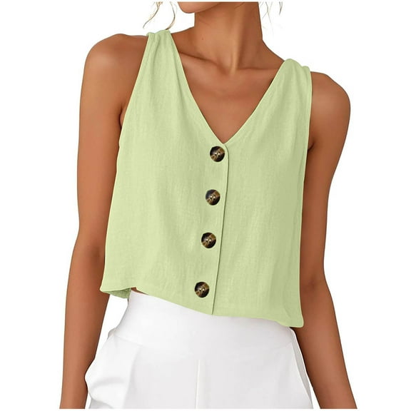 CheerKidz Women's Sleeveless V-Neck Blouse Solid Color Button Design Casual Ladies Tops Lightweight Summer Office Wear(Green,XL)