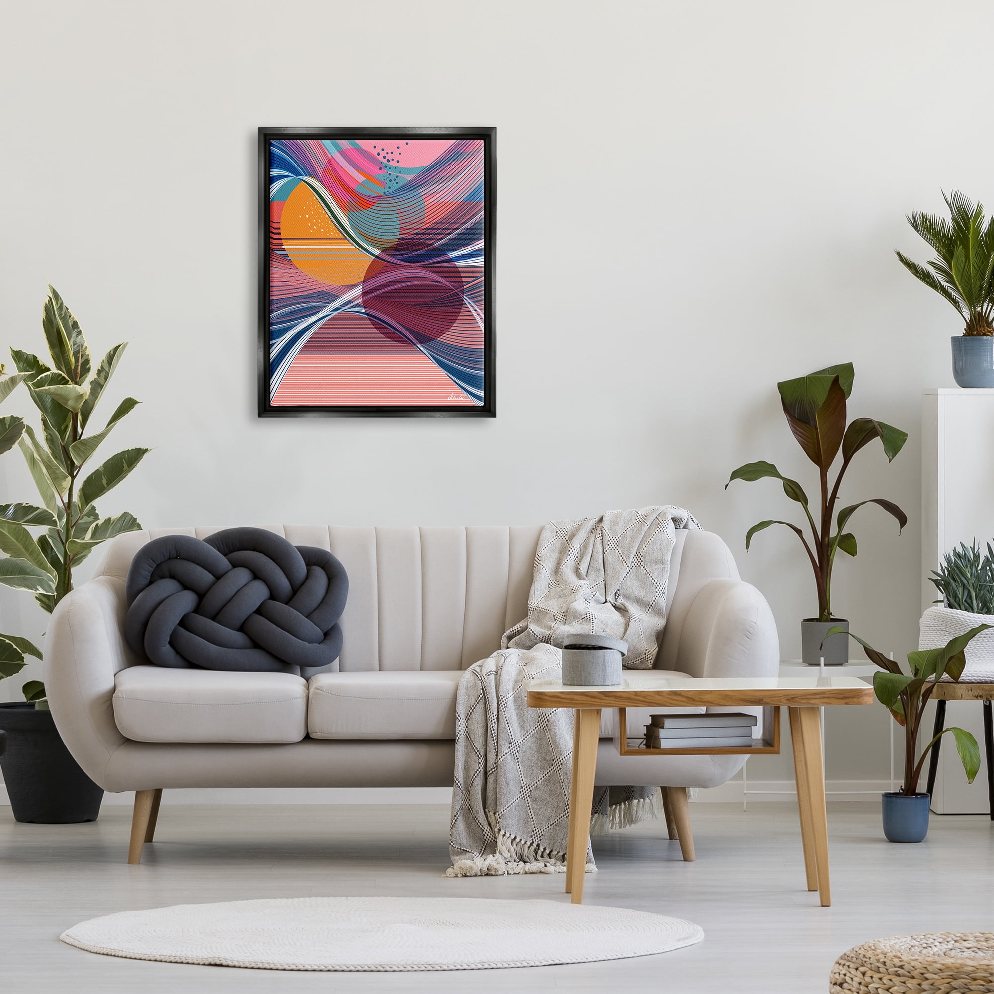 Stupell Industries Waves & Circles Abstraction Abstract Painting Black Floater Framed Canvas Art Print Wall Art, 25 x 31