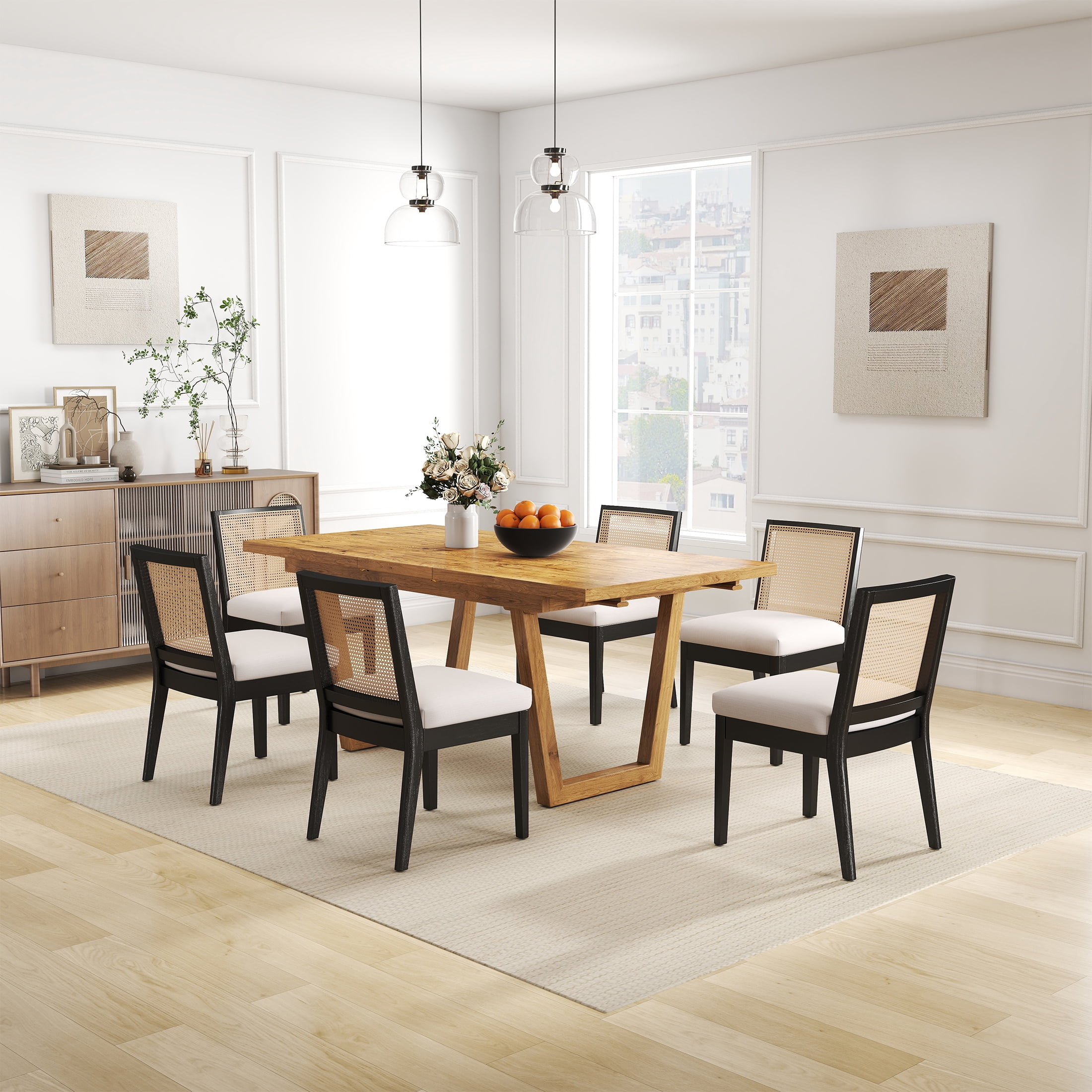 Guyou Farmhouse Rattan Dining Chairs Set of 2, Mid Century Modern Dining Side Chairs with Black Hardwood Frame, Linen Upholstered French Country Kitchen Chairs for Dining Room Bistro, Beige