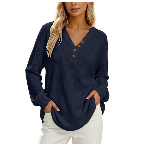 WUSUOWEI Sweatshirt For Women V-Neck Knit Sweater Long Sleeve Loose Soft Womens Casual Button Down Top L