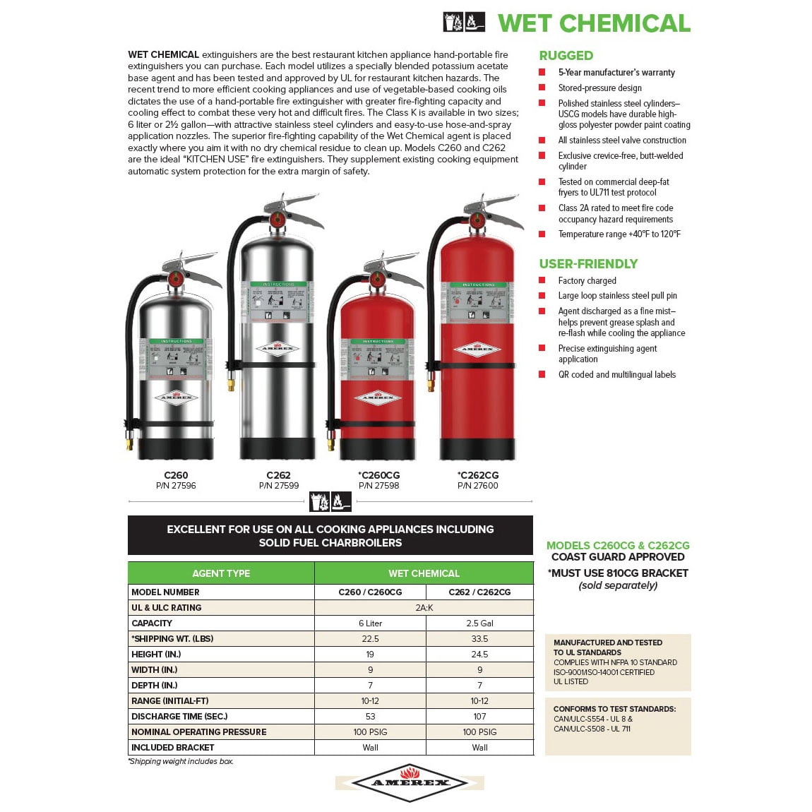 Amerex C262 2.5 Gallon Class K Wet Chemical Fire Extinguisher for Kitchen Use - 2 Pack
