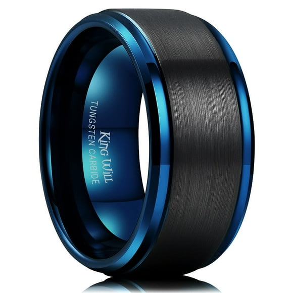 King Will Alianza De Boda Para Hombre De Dos Tonos De 10 Mm, Anillo De Boda De Carburo De Tungsteno Azul Cepillado Negro, Acabado Pulido, Ajuste Cómodo 6,5