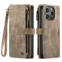 For Apple iPhone 15 Pro 6.1",Decase Full Body Protection PU Leather Wallet Case for Women Men With Hand Strap& Zipper RFID Blocking Card Slots Holder,Shockproof Retro Style Phone Cover - Brown