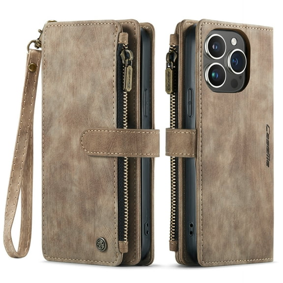 ELEHOLD for iPhone 15 Pro Case for Men Women Wallet Case, Premium Leather Shockproof Purse Case with Credit Card Slots Zipper Pocket Anti-Loss Wriststrap for iPhone 15 Pro 6.1 Inch,Brown