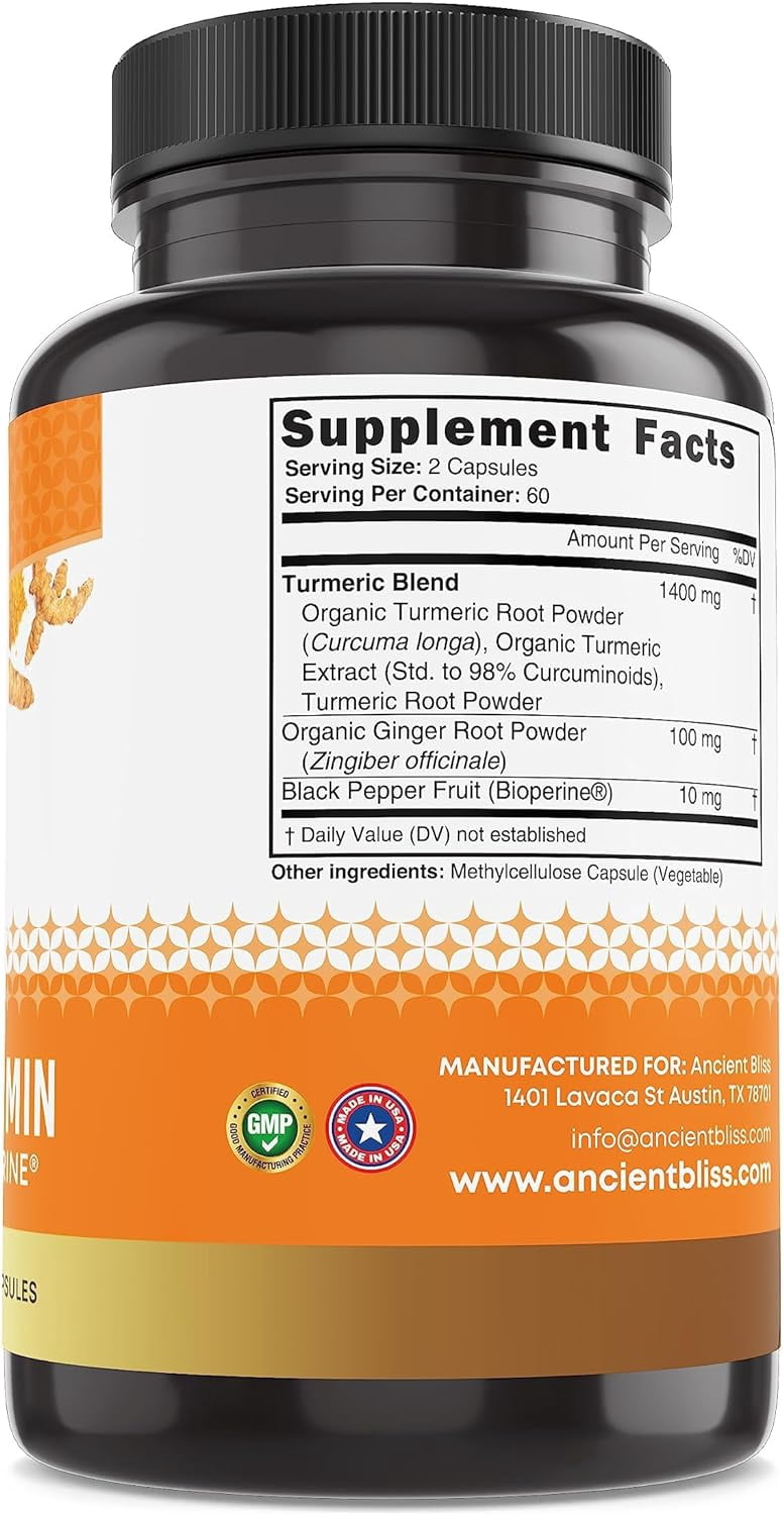 Ancient Bliss Turmeric Curcumin with Ginger and Bioperine, Turmeric Curcumin with Black Pepper,  Supplement (120 Capsules)