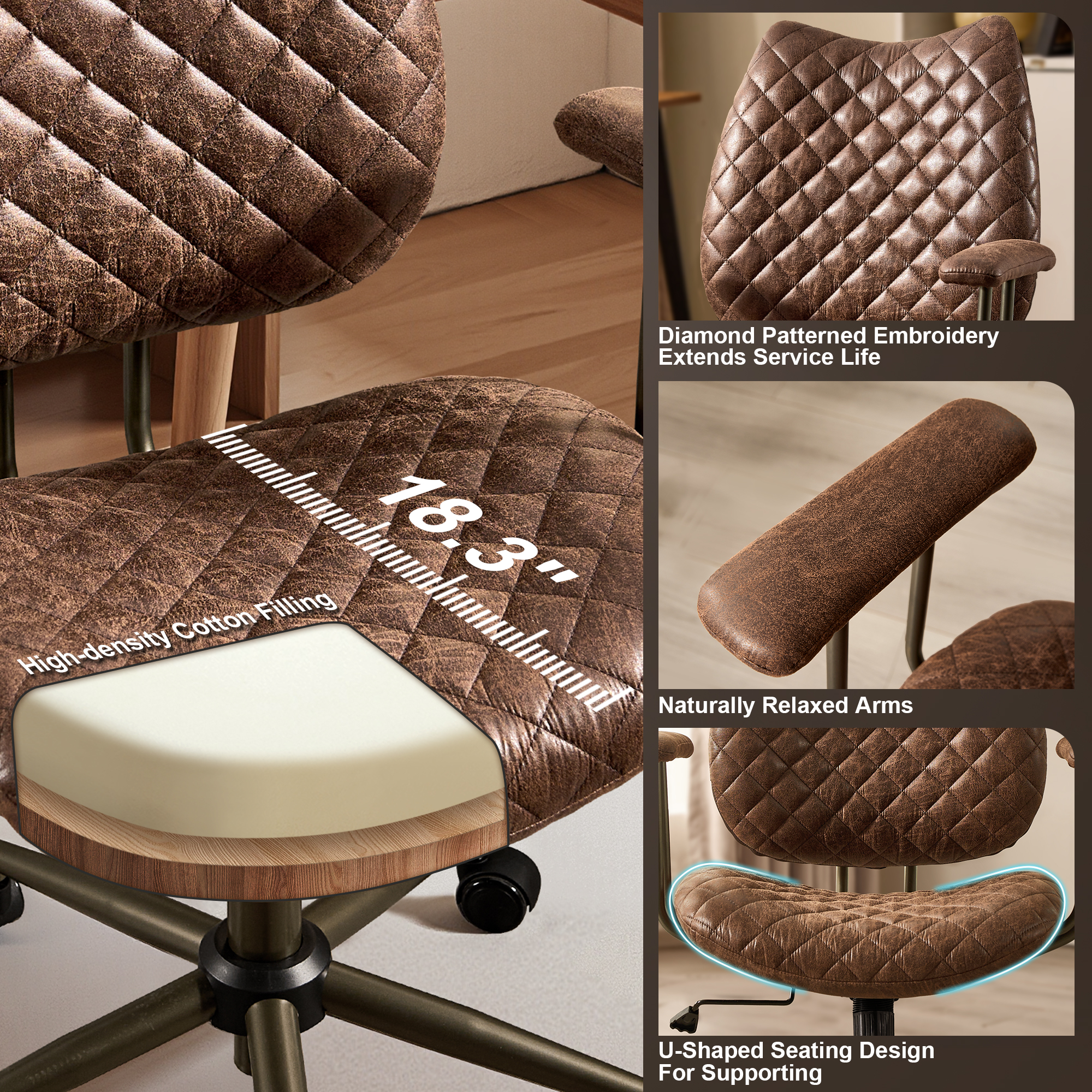Toject Leather Office Chair, Mid Back Home Office Chair with Lumbar Support, Ergonomic Computer Chairs, Executive Desk Chairs with Thickened Cushions, Task Chairs for Offic, Suede Leather, Dark Brown