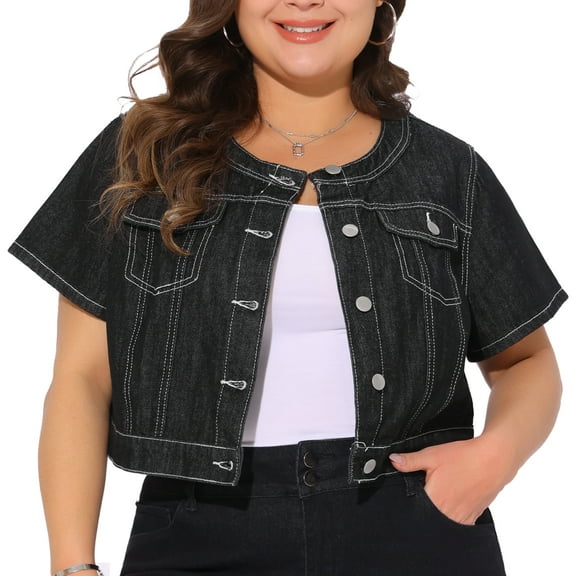 DARING DIVA Women's Plus Size Crew Neck Button Down Cropped Denim Vest 1X Black