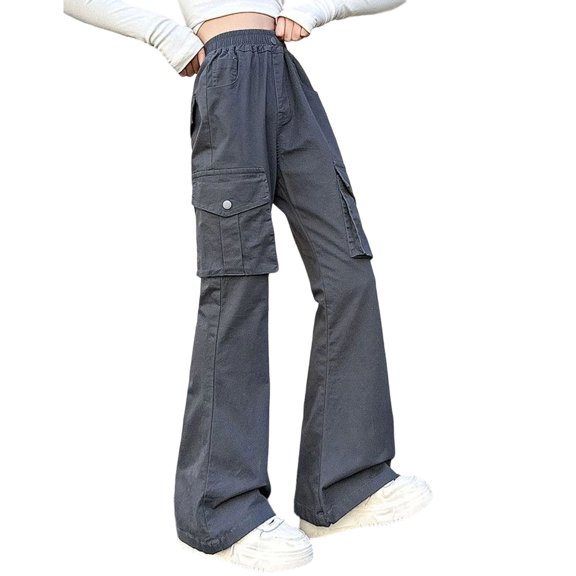 VBEWZET Kids High Waist Flare Cargo Pants, Elastic Waist Wide Leg Bootcut Trousers, Spring Summer Casual Pants for Girls Grey 13-14 Years