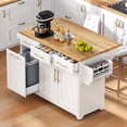 thumbnail image 2 of K&K 59.3" Kitchen Island with Storage 2 Pull Out Cabinet Organizers & Rubber Wood Drop Leaf, Rolling Kitchen Island with Trash Can Storage, Power Outlet, Spice & Towel Rack for Kitchen, Dining, White, 2 of 11