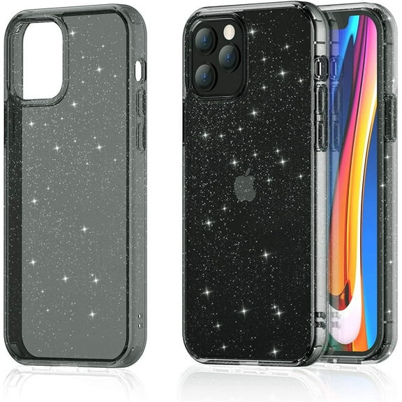 Meifigno Glitter Compatible with iPhone 12/12 Pro Case, Hard PC with Soft TPU Edge, [Military Level Protection][Green Materials], Clear Case Designed for iPhone 12/12 Pro 6.1" 2020, Glitter Black