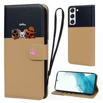 Cute Cartoon Wallet Phone Case for Samsung Galaxy S22, with Card Holder Soft PU Leather Kickstand Cover for Men and Women Magnetic Shockproof Protective with Lanyard, Khaki