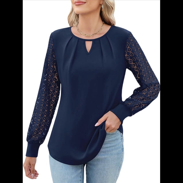 Camisas de Larga para Mujer, Blusas de Encaje, Ropa Informal de Negocios, Moda de Otoño, Blusas Tejidas Y2k Azul Marino S