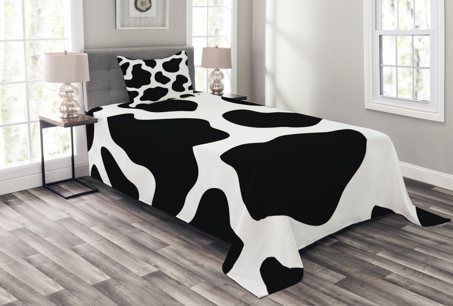 Cow Print Bedspread Set Twin Size, Hide of a Cow with Black Spots