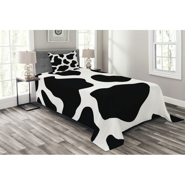 Cow Print Bedspread Set Twin Size, Hide of a Cow with Black Spots