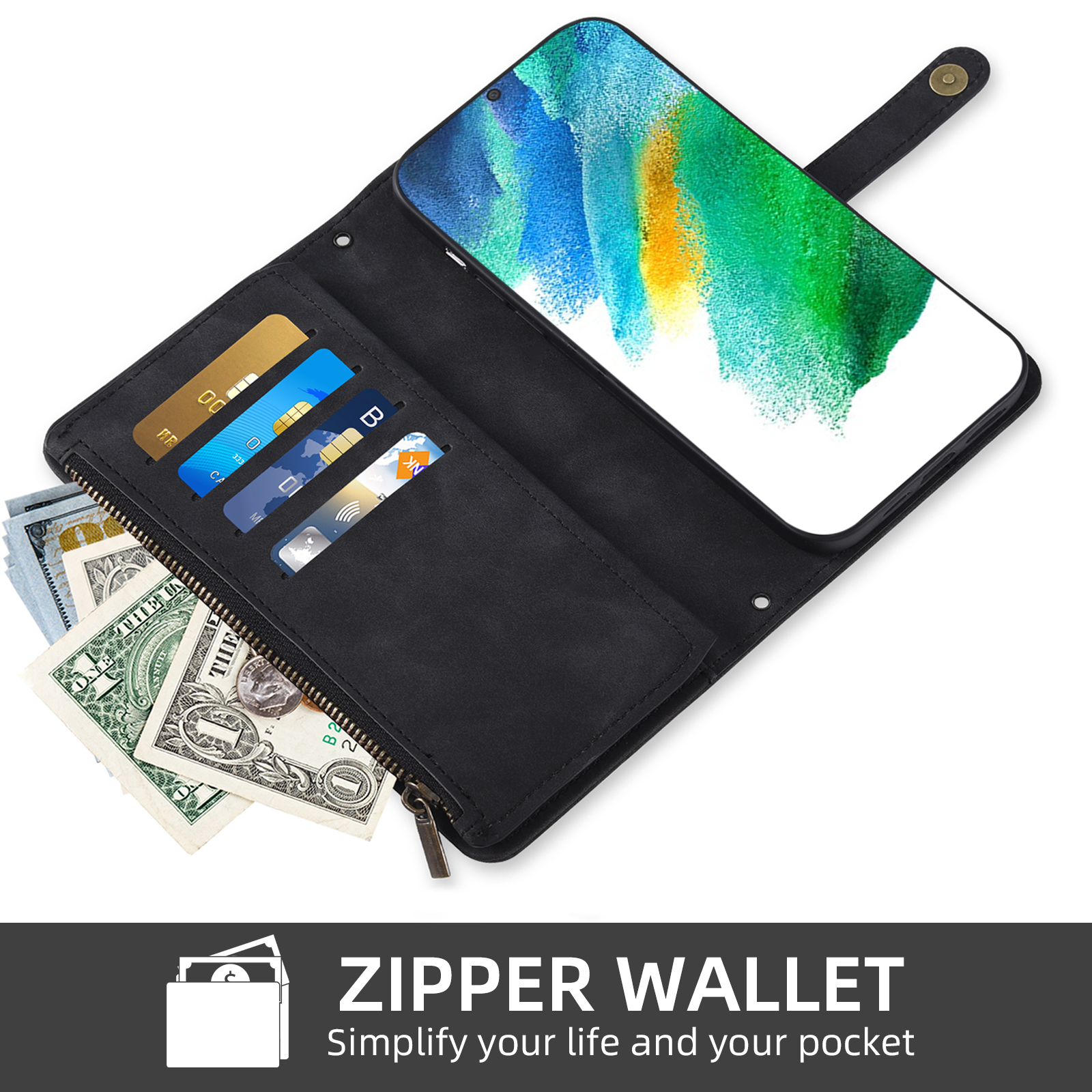 Asuwish Phone Case for Samsung Galaxy S21 FE 5G Wallet Cover With Tempered Glass Screen Protector Wrist Strap Flip Pattern Zipper Card Holder Cell S 21 EF S21FE5G UW S21FE 21S G5 6.4 inch Women Black
