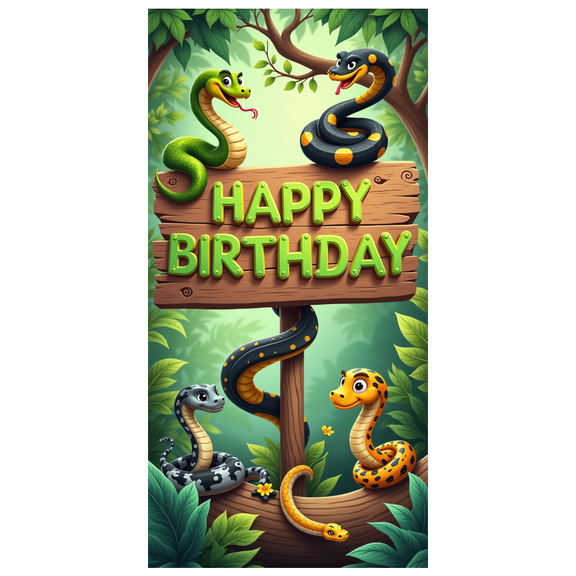 Cartoon Snake Happy Birthday Banner Jungle Party Decoration Reptile Theme Kids Celebration for Children's Birthday Party Jungle Adventure Indoor Decoration