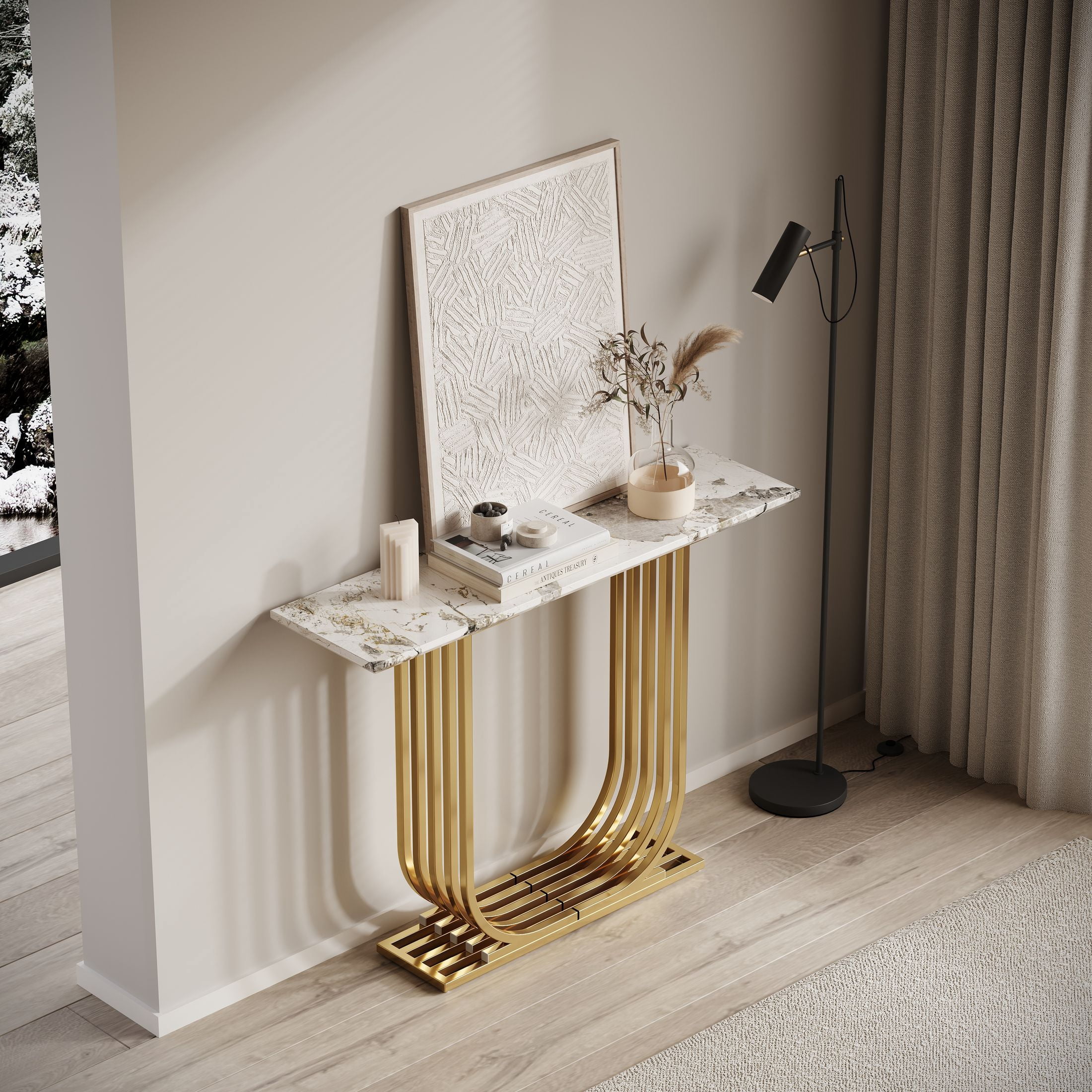 Noble House Nerwin 43.3" Modern Faux Marble Console Table with Gold U-Shaped Metal Frame, White & Gold
